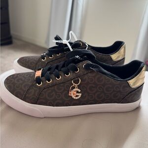 Brown and Black Patterned Sneakers with Gold Accents